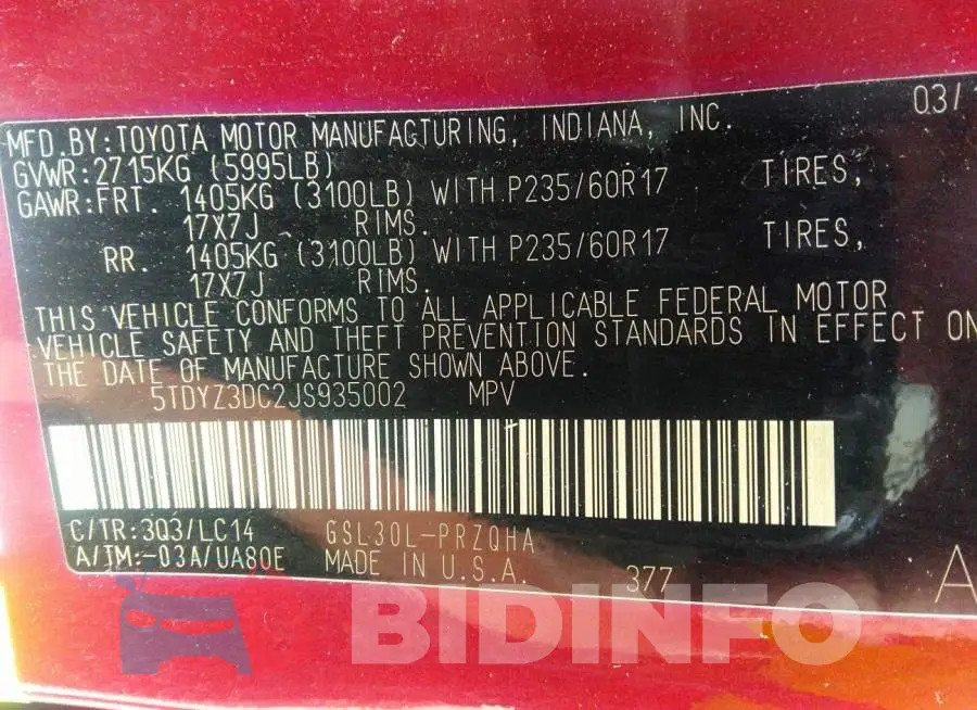 5TDYZ3DC2JS935002 Photo# 9