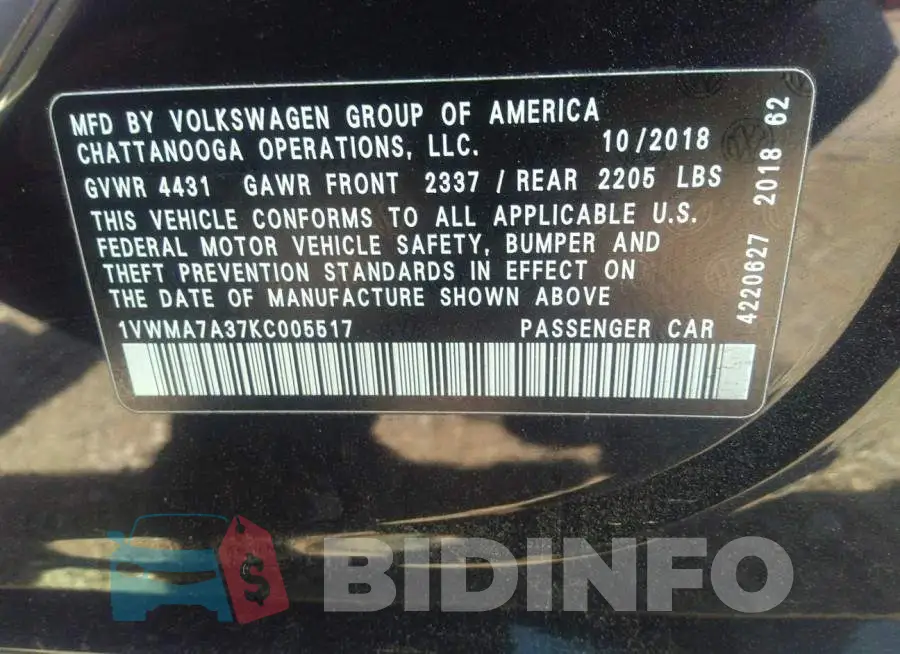 1VWMA7A37KC005517 Photo# 9