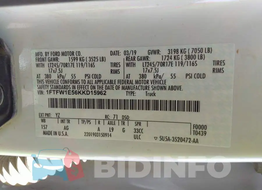 1FTFW1E56KKD15962 Photo# 9