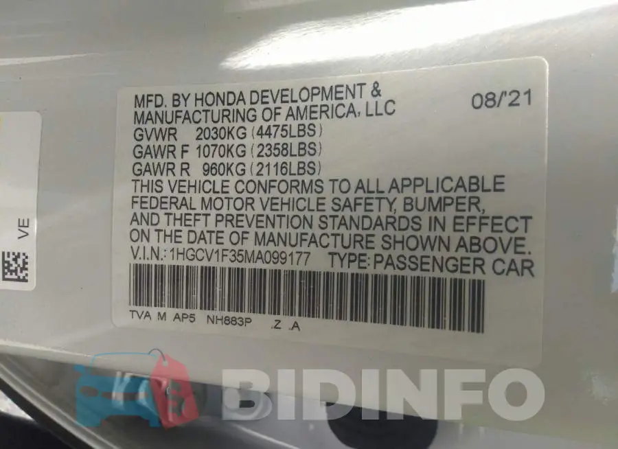 1HGCV1F35MA099177 Photo# 9
