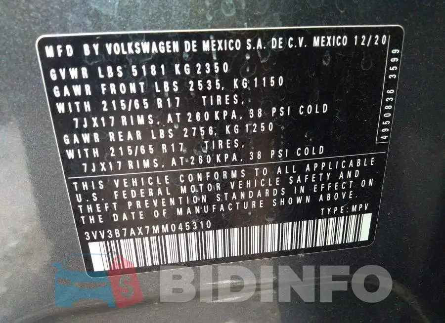 3VV3B7AX7MM045310 Photo# 9