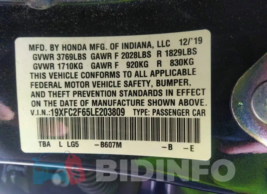 19XFC2F65LE203809 Photo# 9