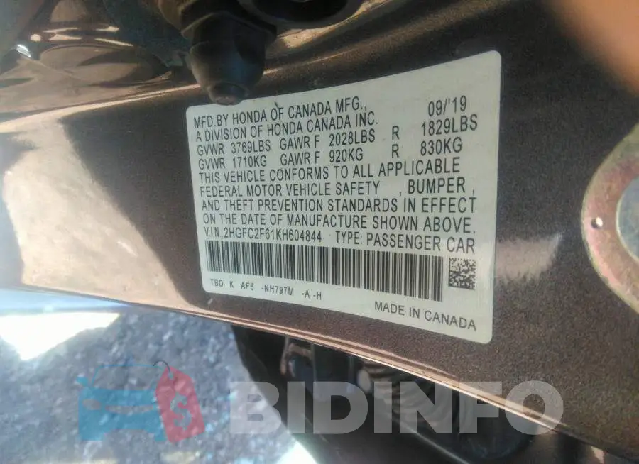 2HGFC2F61KH604844 Photo# 9