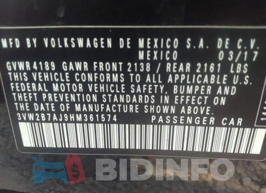 3VW2B7AJ9HM361574 Photo# 9