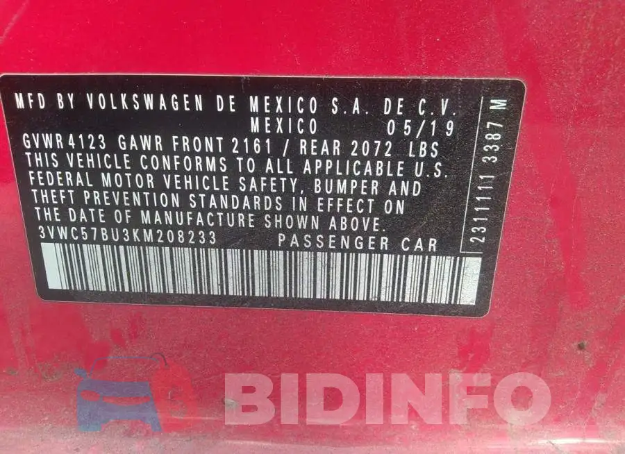 3VWC57BU3KM208233 Photo# 9