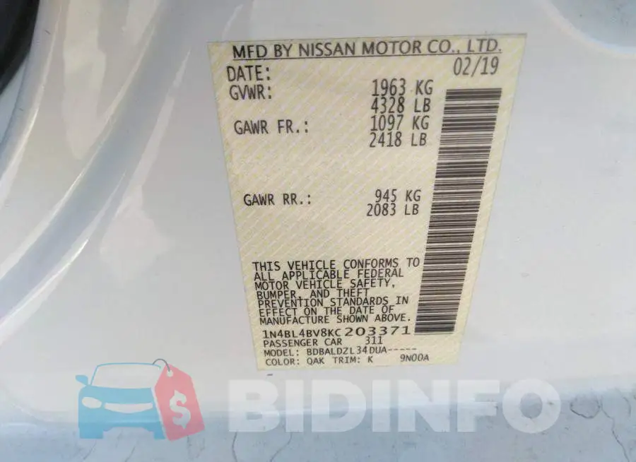 1N4BL4BV8KC203371 Photo# 9