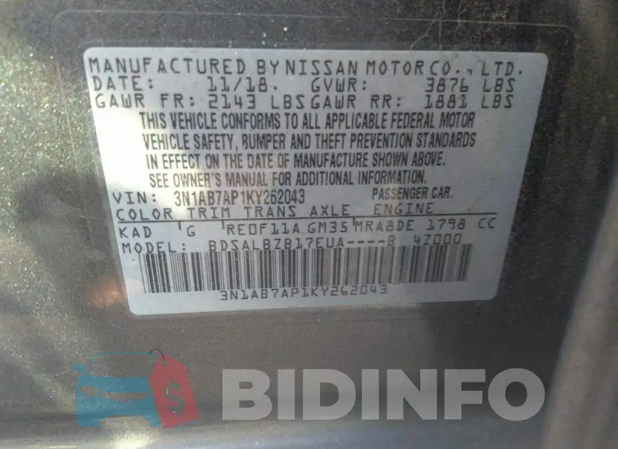 3N1AB7AP1KY262043 Photo# 9
