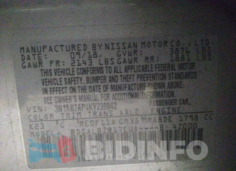 3N1AB7AP4KY239842 Photo# 9
