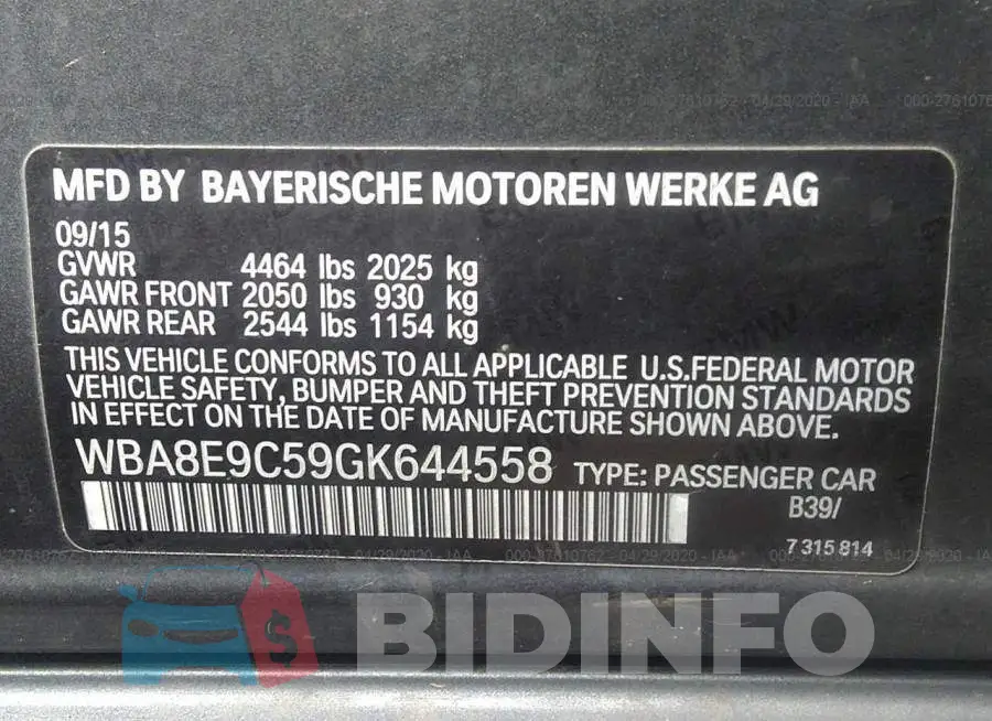 WBA8E9C59GK644558 Photo# 9
