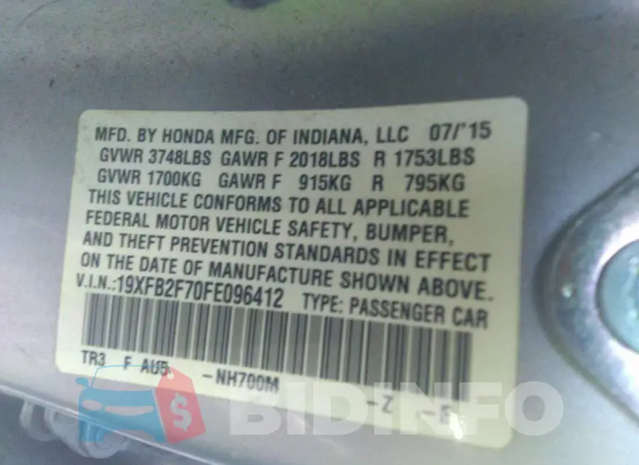 19XFB2F70FE096412 Photo# 9