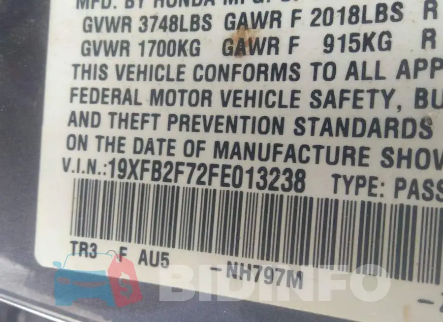 19XFB2F72FE013238 Photo# 9