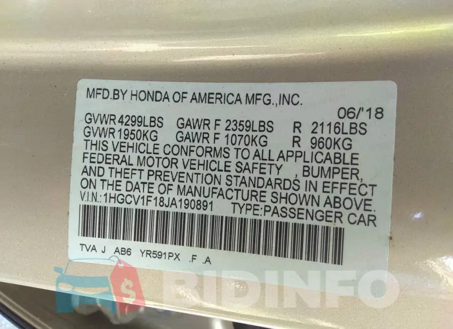 1HGCV1F18JA190891 Photo# 9