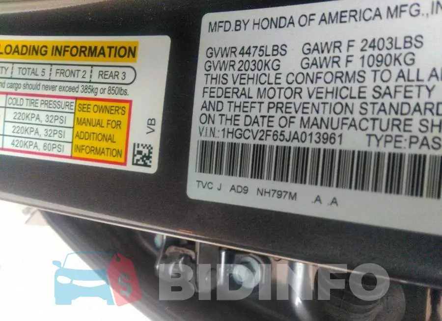 1HGCV2F65JA013961 Photo# 9