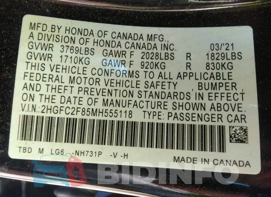 2HGFC2F85MH555118 Photo# 9