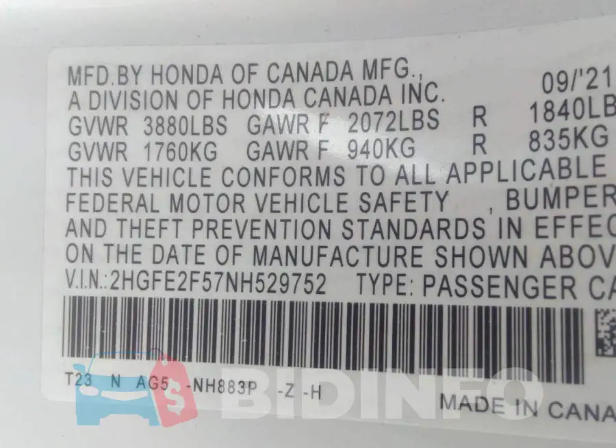2HGFE2F57NH529752 Photo# 9