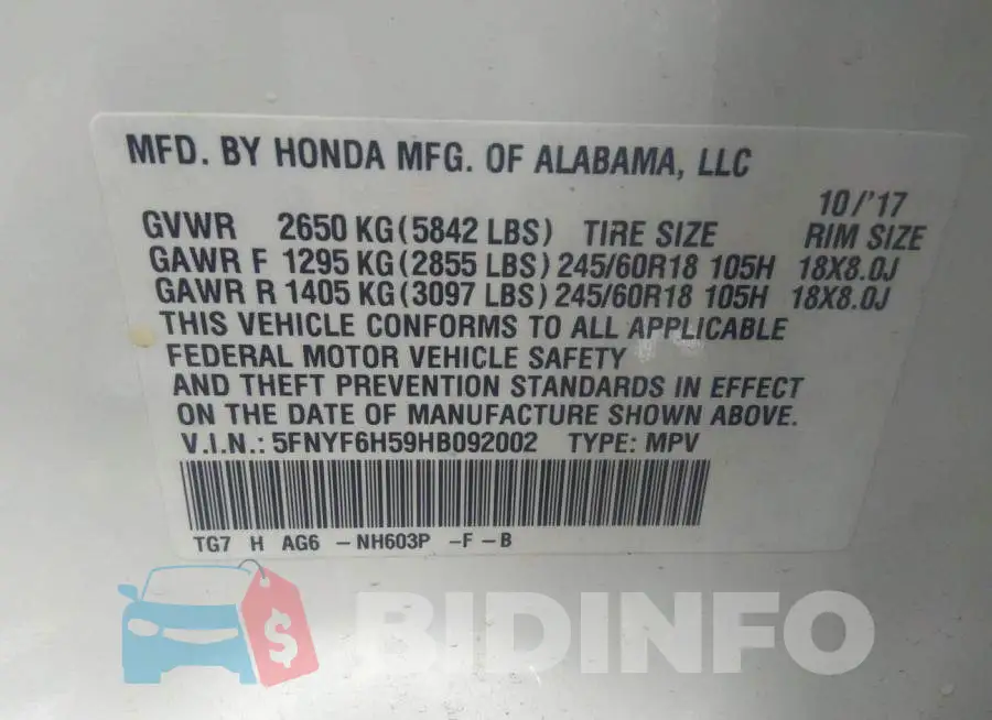 5FNYF6H59HB092002 Photo# 9