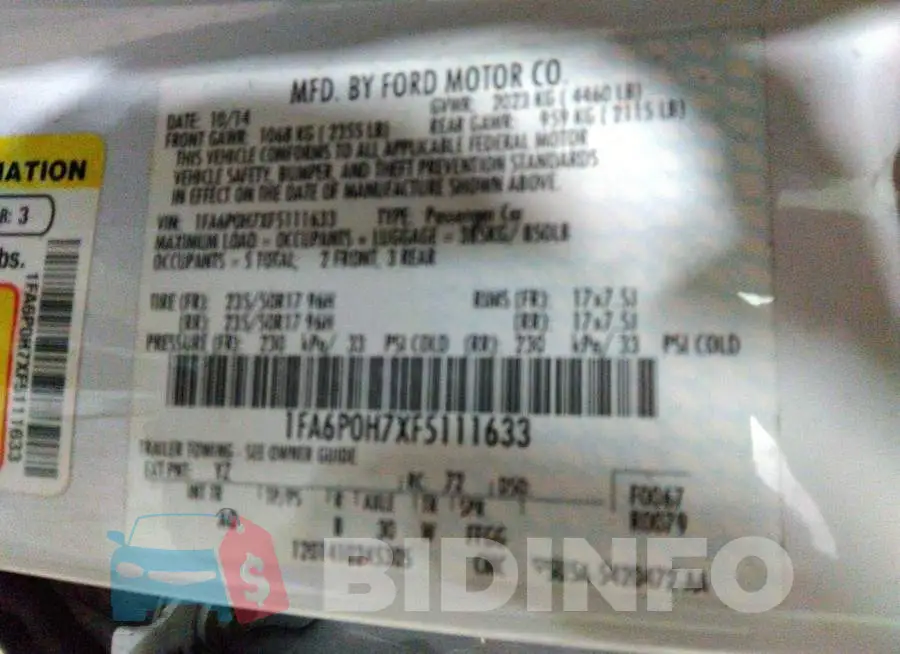 1FA6P0H7XF5111633 Photo# 9