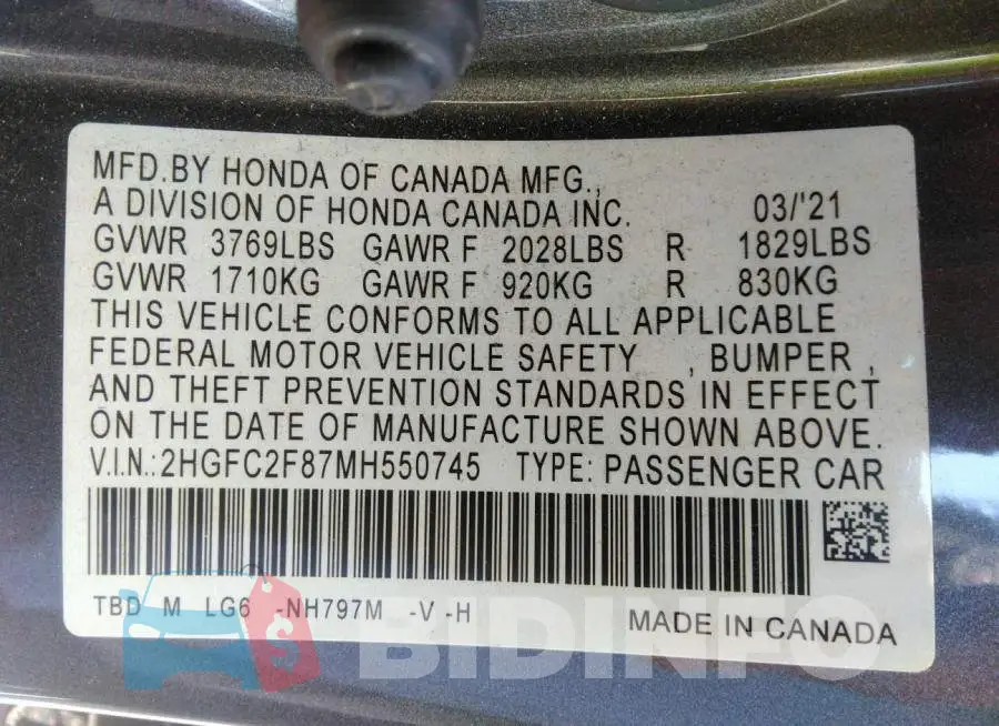 2HGFC2F87MH550745 Photo# 9