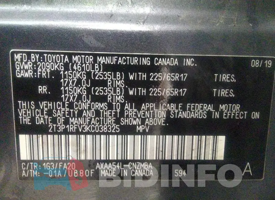 2T3P1RFV3KC038325 Photo# 9