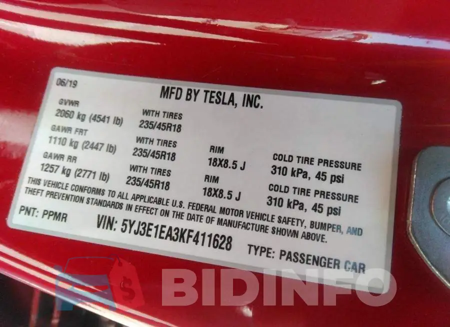 5YJ3E1EA3KF411628 Photo# 9