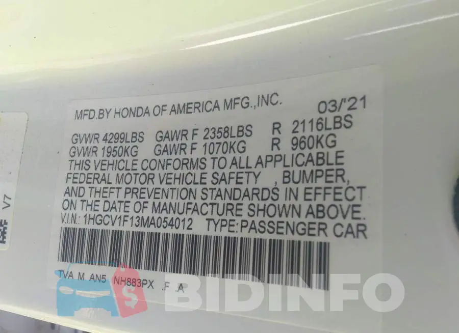 1HGCV1F13MA054012 Photo# 9