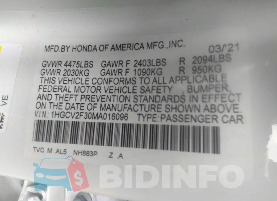 1HGCV2F30MA016096 Photo# 9