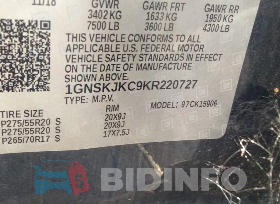 1GNSKJKC9KR220727 Photo# 9
