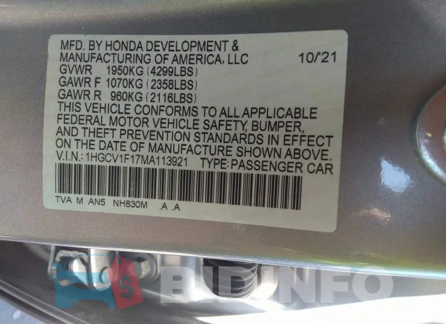 1HGCV1F17MA113921 Photo# 9