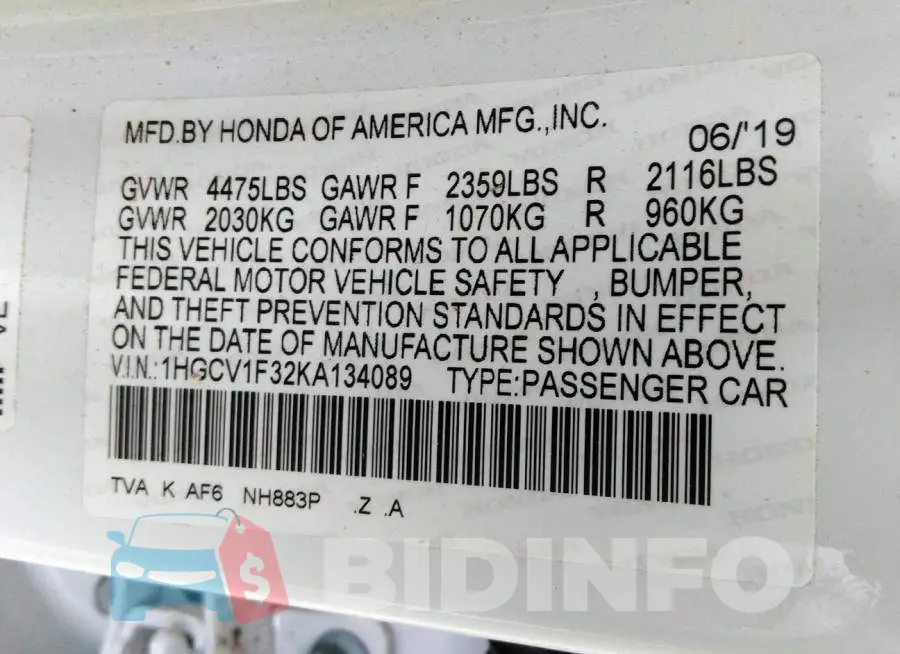 1HGCV1F32KA134089 Photo# 9