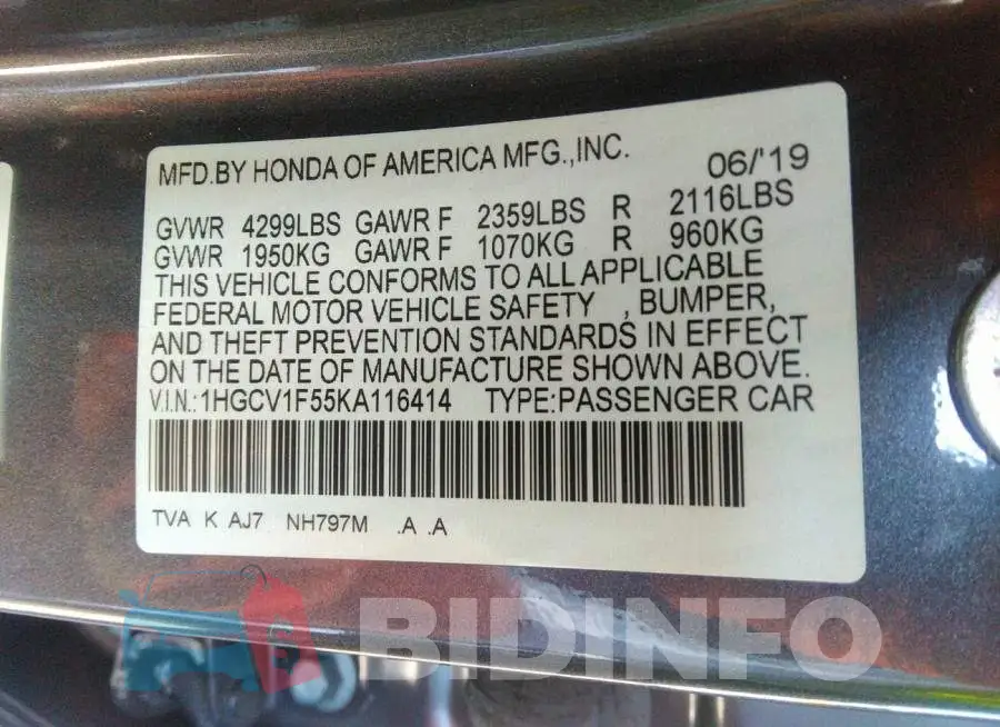 1HGCV1F55KA116414 Photo# 9