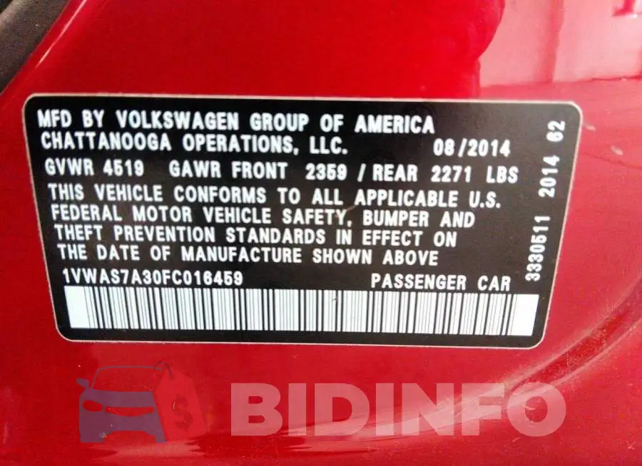1VWAS7A30FC016459 Photo# 9