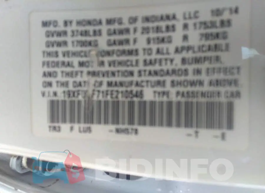 19XFB2F71FE210546 Photo# 9