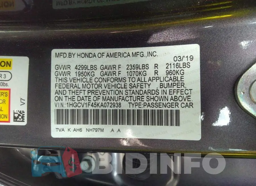 1HGCV1F45KA072938 Photo# 9