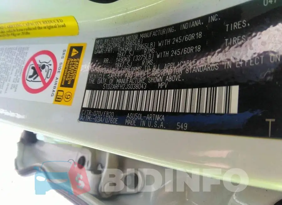 5TDZARFH2JS038043 Photo# 9