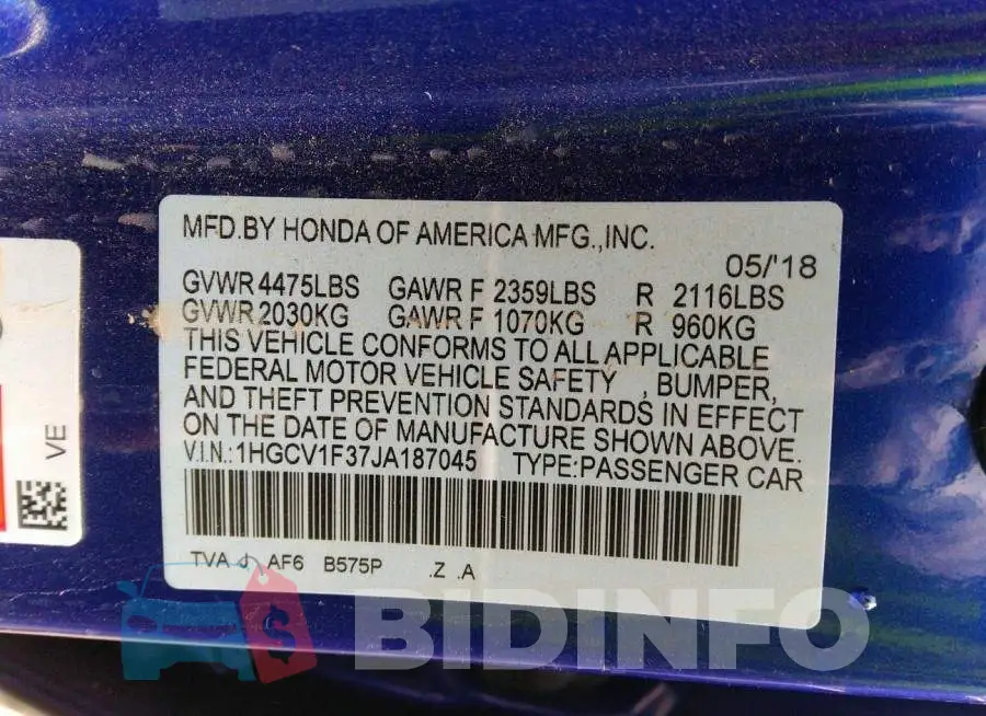 1HGCV1F37JA187045 Photo# 9