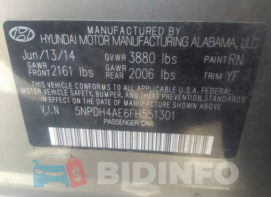 5NPDH4AE6FH551301 Photo# 9