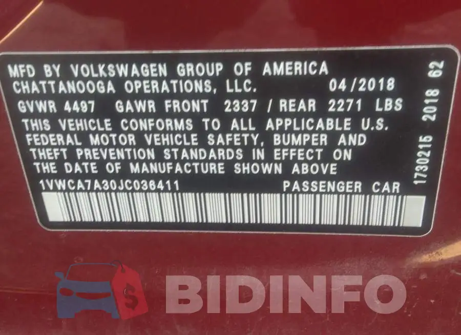 1VWCA7A30JC036411 Photo# 9