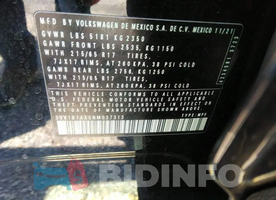 3VV1B7AX5NM037313 Photo# 9