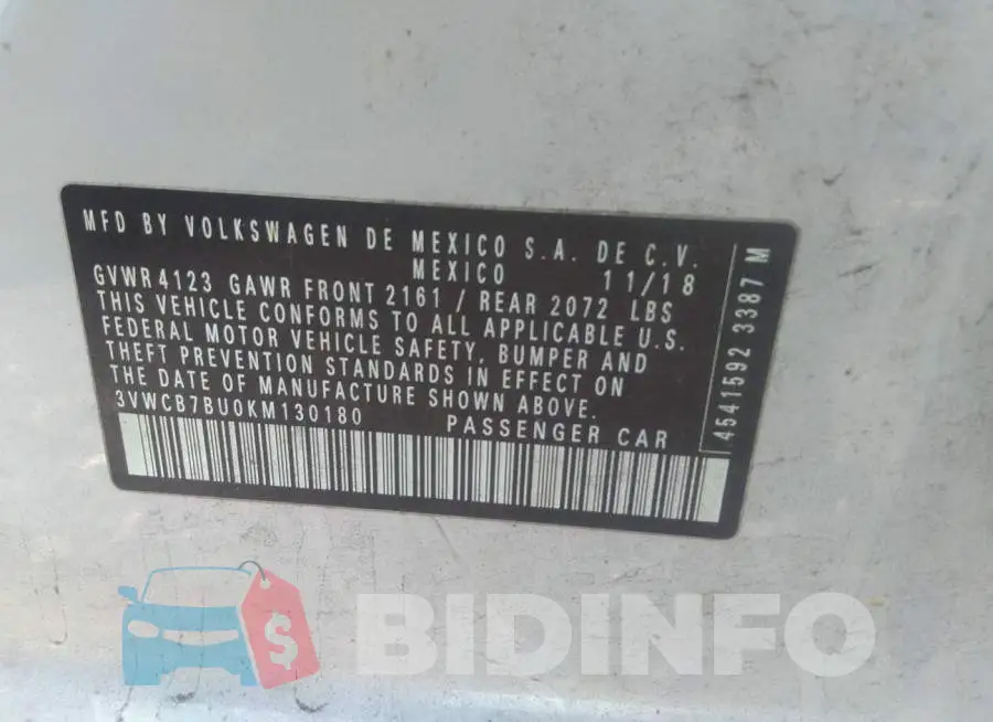 3VWCB7BU0KM130180 Photo# 9