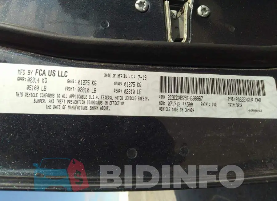 2C3CDXBG5KH698967 Photo# 9