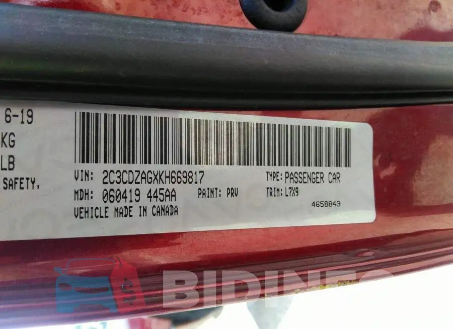 2C3CDZAGXKH669817 Photo# 9