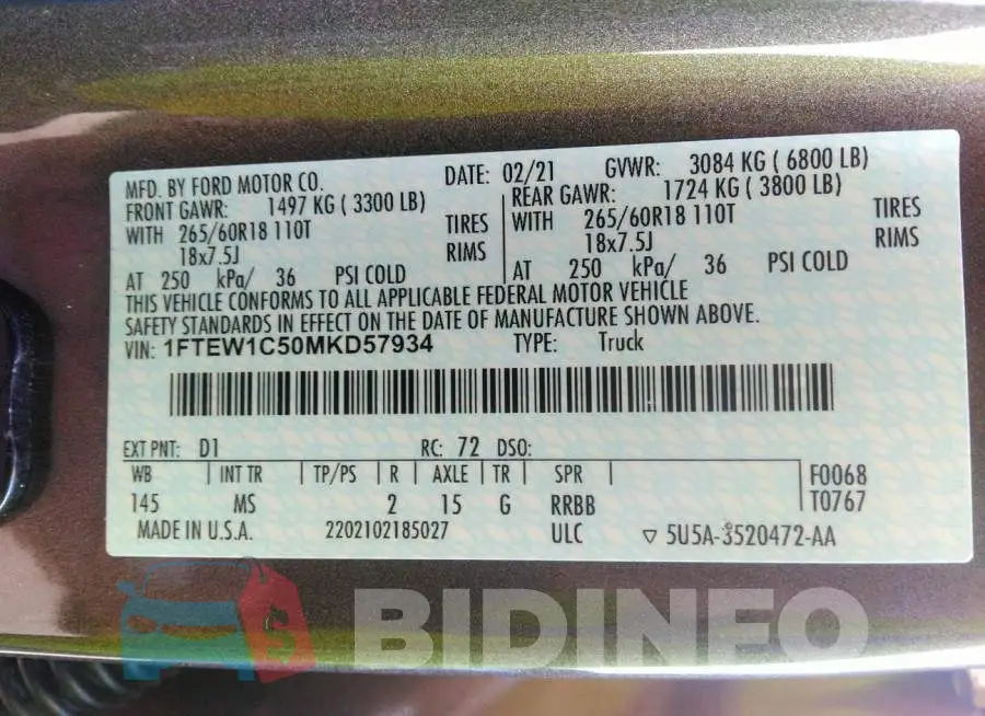 1FTEW1C50MKD57934 Photo# 9