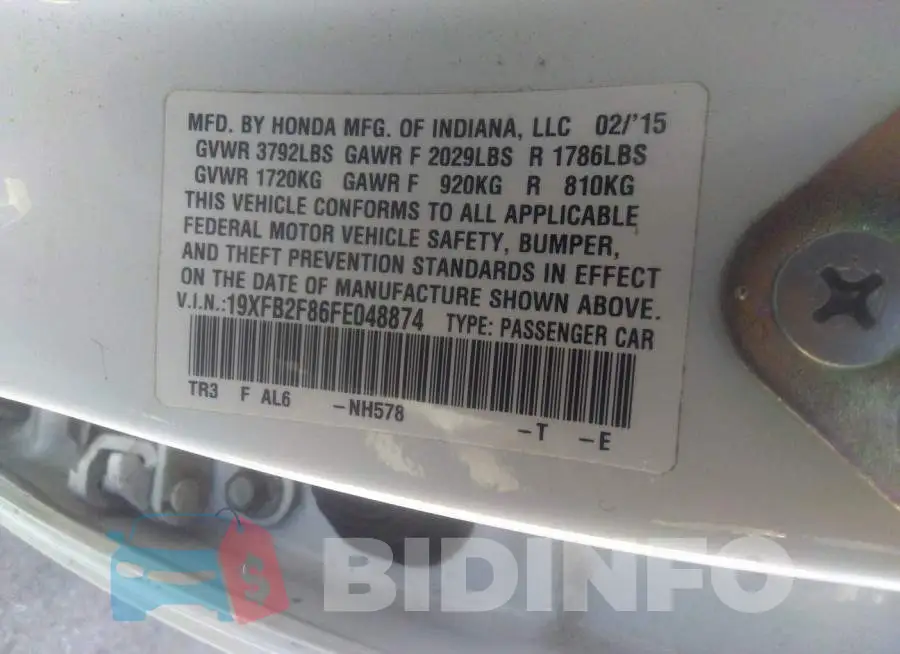 19XFB2F86FE048874 Photo# 9