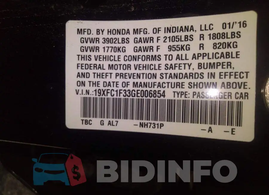 19XFC1F33GE006854 Photo# 9