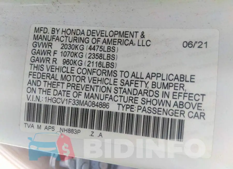 1HGCV1F33MA084886 Photo# 9