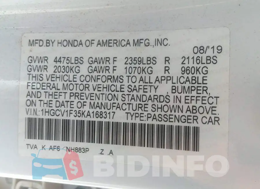 1HGCV1F35KA168317 Photo# 9