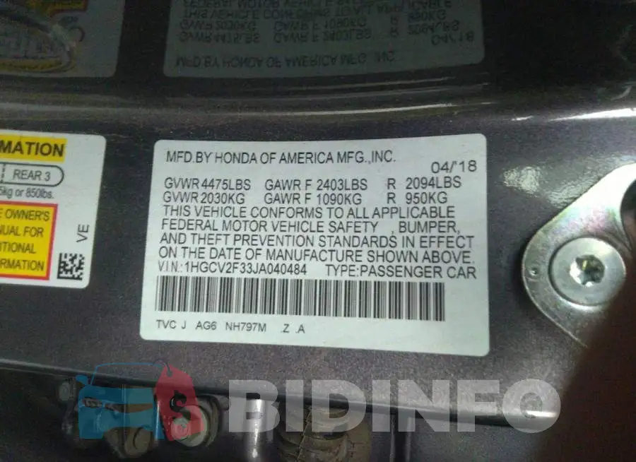 1HGCV2F33JA040484 Photo# 9