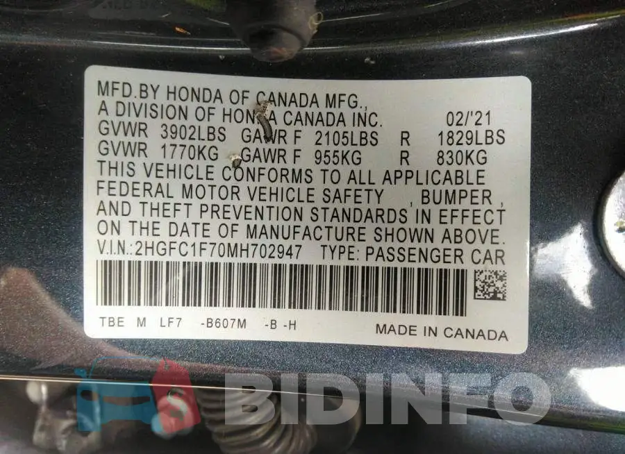 2HGFC1F70MH702947 Photo# 9