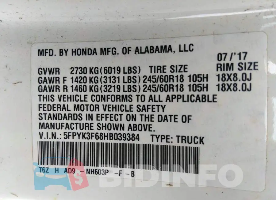 5FPYK3F68HB039384 Photo# 9