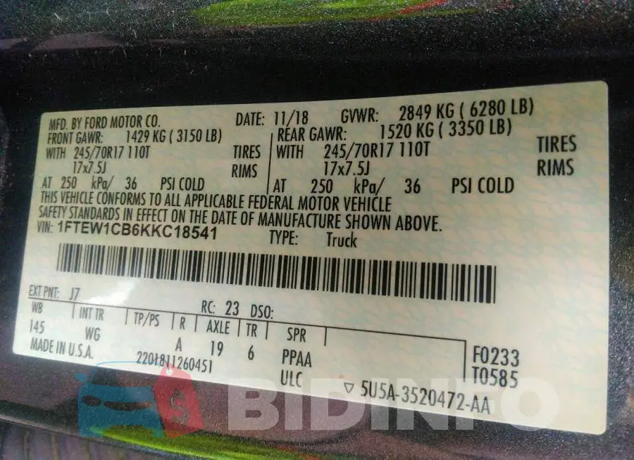 1FTEW1CB6KKC18541 Photo# 9